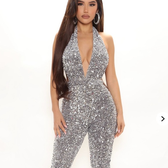 Silver Sequin Halter Jumpsuit - Picture 1 of 8